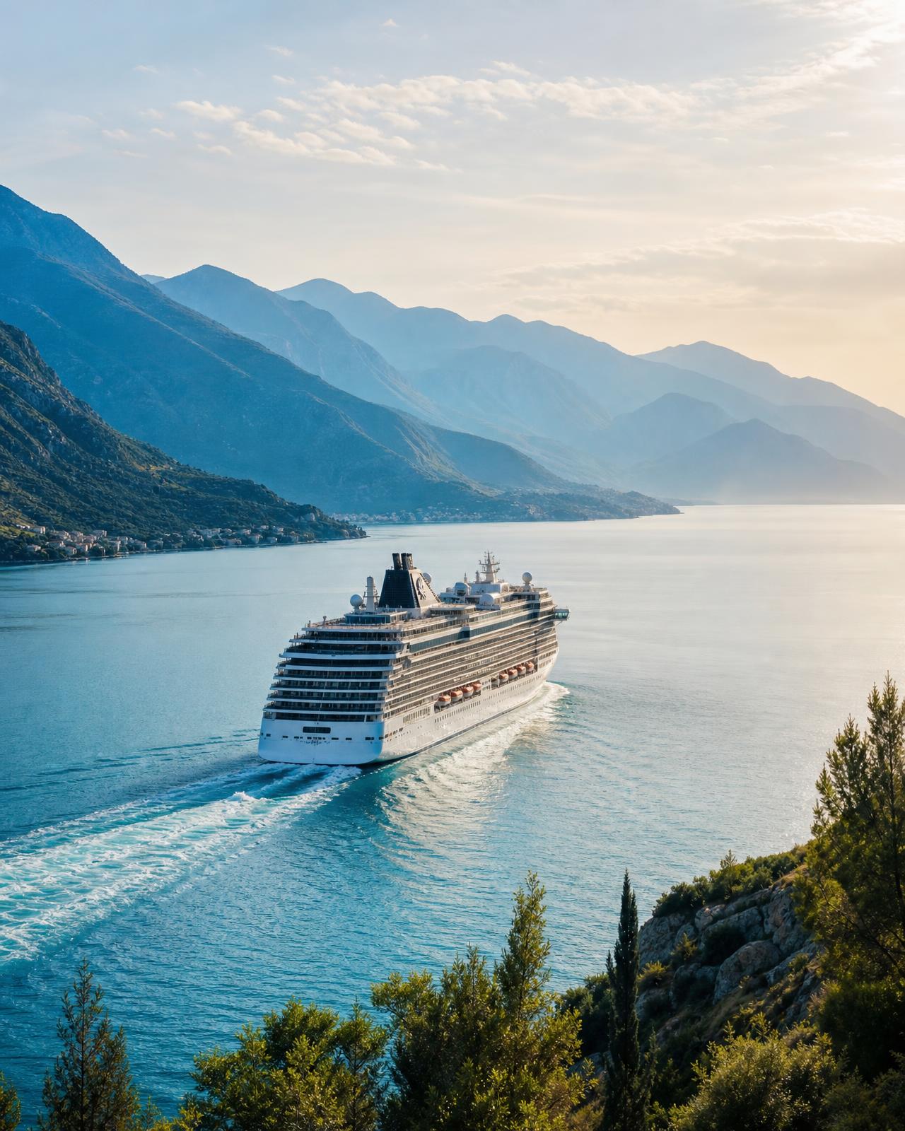 A cruise ship sailing through calm turquoise water along a mountainous coastline at sunrise